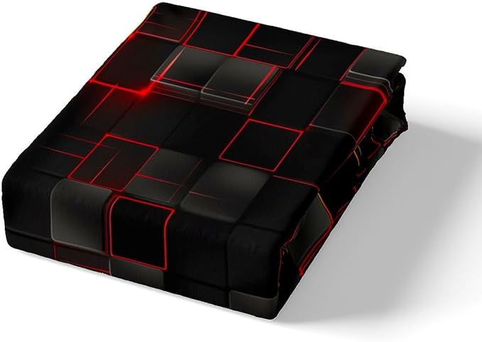 Manfei Red and Yellow Sheet Set Full Size, Abstract Geometric Grid Bedding Set for Kids Boys Adults, Black Square Lattice Bed Sheet Set 4pcs with Deep Pocket Fitted Sheet + Flat Sheet + 2 Pillowcases