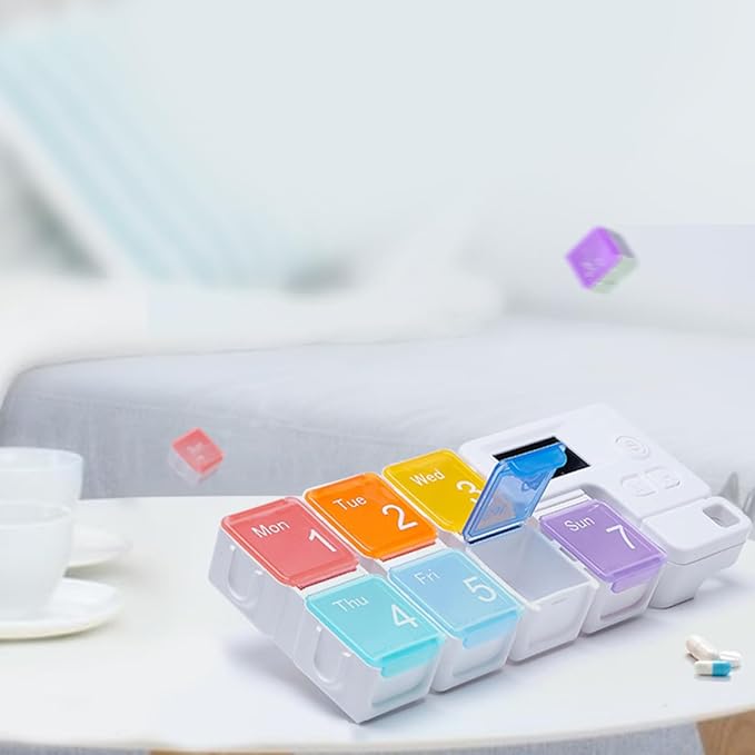 Weekly Colorful 7 Compartments Pill Organizer with Alarm Reminder Plastic Storage Case for Travel Home Daily Medication Management