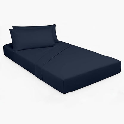 Cottingon 33"x75" Cot Sheet and Pillow Case 4 Piece Set, 100% Egyptain Cotton Soft Bedding Perfect for Rollaway, Folding, Guest Bed Frame, Fits Upto 7" Deep Mattress, Navy Blue Solid