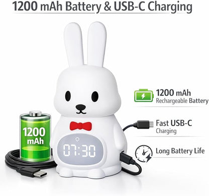 Sleep Trainer Clock for Toddlers with Color Light Cues, Bunny Alarm Clock with Night Light & Sunrise Wake Up, 12 Sounds, App Control, Rechargeable Silicone Nursery Lamp