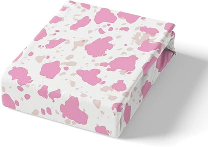 Pink Cowhide Bedding Set Full Size,Rustic Farmhouse Animal Fur Pattern Fitted Sheet,Western Cowgirl Cow Fur Print Sheet Set for Kids Teens Adults Bedroom Decor,2 Pillowcases