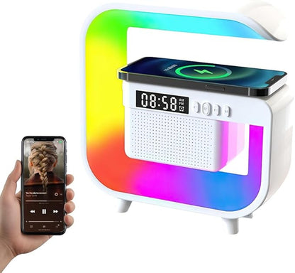 Smart LED Table Lamp, Wireless Charger with 10W Fast Charging and Sunrise Alarm Clock, Bluetooth Speaker Lamp for Bedroom, Office, and Living Room Ambiance