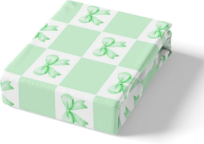 Green Bowknot Fitted Sheet,Geometric Green White Plaids Grids Patchwork Sheet Set for Adults Ultra Soft Room Gift,Princess Bow-tie Dreamy Girly Bow Bedding Set with 2 Pillowcases,Queen Size