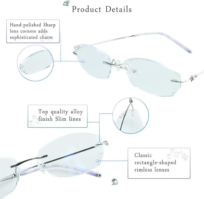 LifeArt Blue Light Blocking Glasses,Computer Reading Glasses,Rimless Frame Tinted Lens with Diamond,Stylish for Women (+3.00 Magnification)