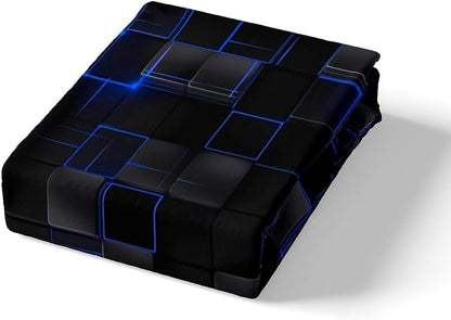 Manfei Geometric Sheet Set Full Size, Abstract Square Grid Bed Sheet Set 4pcs with Deep Pocket Fitted Sheet + Flat Sheet + 2 Pillowcases, Royal Blue and Black Bedding Set for Kids Boy Teen Room Decor