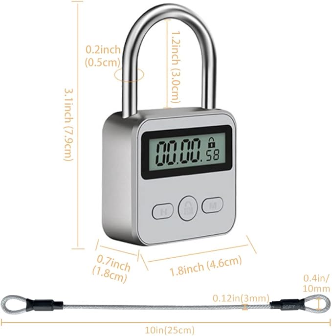Metal Timer Lock, LCD Display Multi-Function Electronic Time, 99 Hours Max Timing, USB Rechargeable Timer Padlock(Silver)