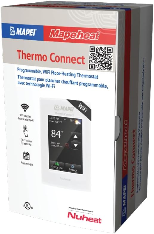 Mapei 2855301 Thermo Connect Smart WiFi Programmable Radiant Floor Heating Thermostat, with Floor Temperature Sensor, Built-in GFCI and Touchscreen Display, for 120-240V Flooring Heating System
