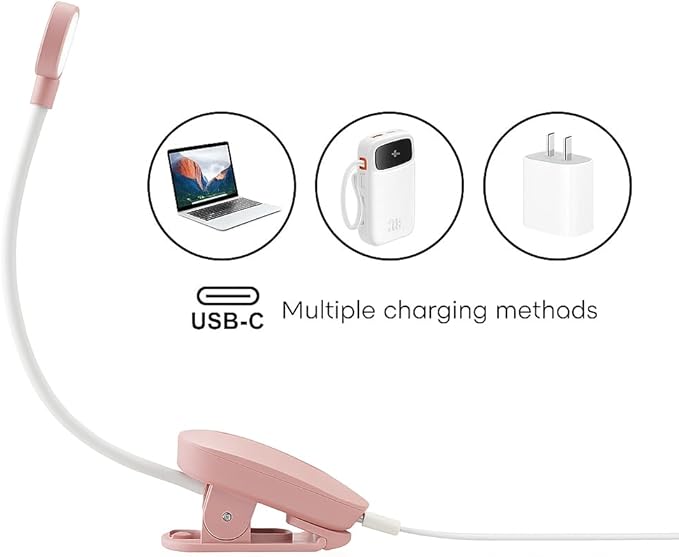 Rechargeable Book Light for Reading in Bed – 14 LED Book Light with 3 Color Temperatures, Stepless Dimming, Up to 80 Hours Runtime, 360° Rotatable Clip – Perfect for Book Lovers, Rose Gold