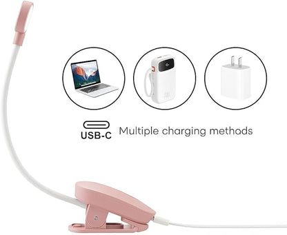 Rechargeable Book Light for Reading in Bed – 14 LED Book Light with 3 Color Temperatures, Stepless Dimming, Up to 80 Hours Runtime, 360° Rotatable Clip – Perfect for Book Lovers, Rose Gold