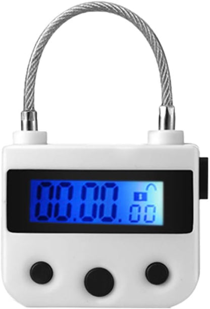 99 Hours Max Time Lock - Time Out Padlock Flexible Braided Steel Cable with LCD Display Timer (White)
