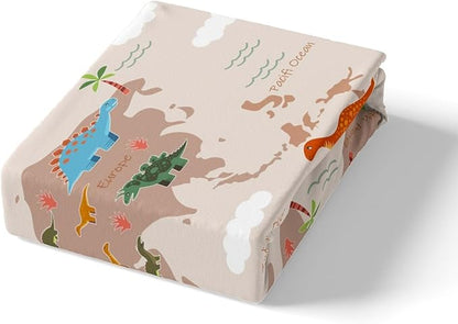 Kawaii Dinosaur Fitted Bottom Sheet Twin Size,World Land Ocean Silhouette Sheet Set Soft Polyester Bedding(No Top Sheet),Cartoon Wildlife Rustic Trees Bed Cover(1 Fitted Sheet+1 Pillow Case)