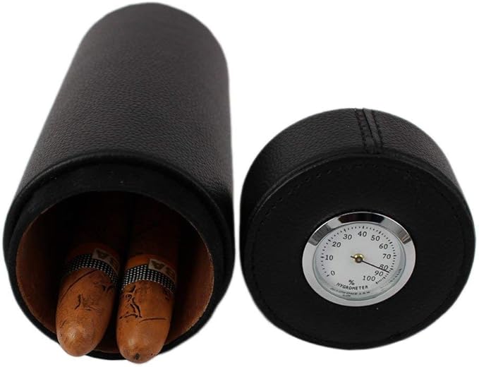 AMANCY Effective Black Leather Giftable Cigar Cylinder Humidor for 5 Cigars, Travel Cigar Case with Outside Hygrometer, Cedar Wood Lined Portable Leather Cigars Humidor.