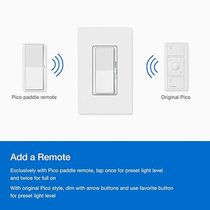 Lutron Diva Smart Dimmer Light Switch for Caseta Lighting (Lutron Smart Hub Required), for LED Lights, 150W, Single-Pole/3-Way, No Neutral, Light Almond (DVRF-6L-LA)
