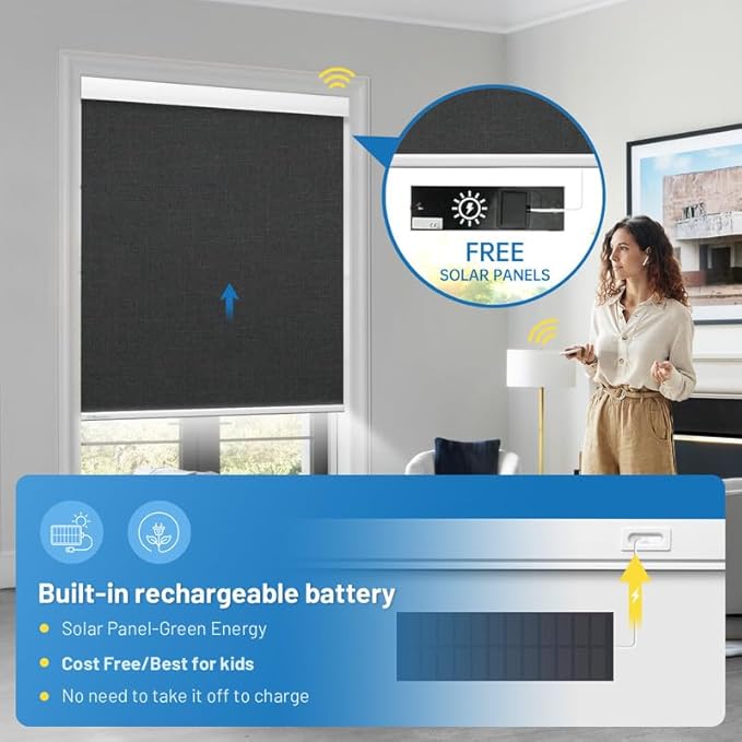 Motorized Blinds with Remote, [Free Solar Panels] Cordless Smart Blinds with Valance Cover, Blackout Electric Blinds with Remote Control, Automatic Roller Shades for Windows Light Black 24" W x 72" H