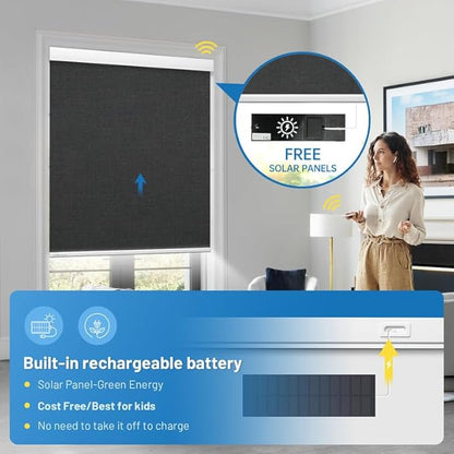 Motorized Blinds with Remote, [Free Solar Panels] Cordless Smart Blinds with Valance Cover, Blackout Electric Blinds with Remote Control, Automatic Roller Shades for Windows Light Black 28" W x 72" H