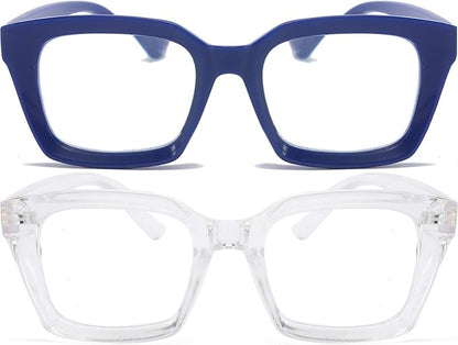 REAVEE 2 Pack Oprah Style Oversized Reading Glasses for Women Men Blue Light Blocking, Ladies Stylish RetroSquare Large Computer Readers (Blue/Clear 2.0x)