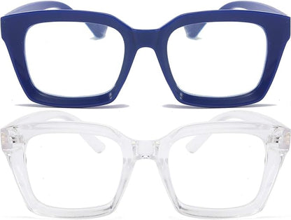 REAVEE 2 Pack Oprah Style Oversized Reading Glasses for Women Men Blue Light Blocking, Ladies Stylish RetroSquare Large Computer Readers (Blue/Clear 2.5x)