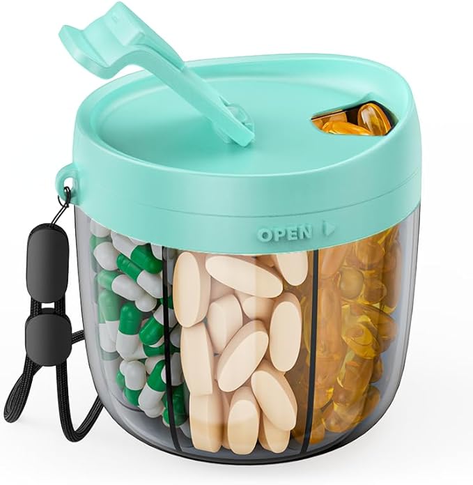 PULIV Portable Pill Dispenser Bottle, Vitamin Organizer with 7 Compartments, Holds Plenty of Supplements with Anti-Mixing & Wide Openings Design, Easy to Retrieve Meds, Includes 20 Labels Cyan