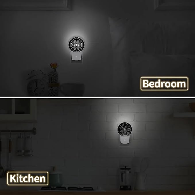 Black Spider Web Plug-in Led Night Light with Auto Dusk to Dawn Sensor for Boys Girls Room Decor, Wall Lamp Nightlights for Hallway,Bedroom, Kids Room, Kitchen, Stairway, (0.5W, 2 Pack)