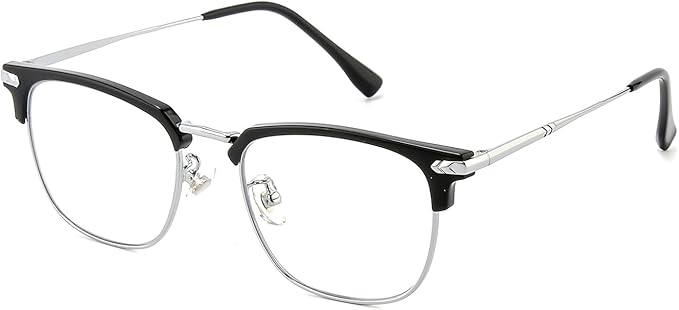 Blue Light Blocking Glasses for Men Metal Browline Computer Gaming Glasses Filter Blue Ray (Black Silver)