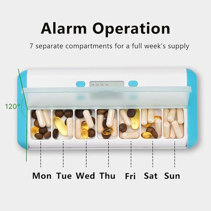 Automatic Medicine Dispenser - 7 Alarms (Beep, Vibration, Light), Large Compartments, Moisture-Proof, Portable Pill Organizer with Large Screen & Indicator Lights