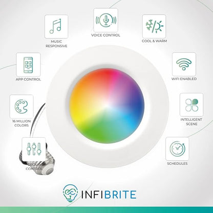 INFIBRITE 4 Inch WiFi Smart 9W 810LM Recessed Retrofit LED Sleek Series Downlight Kit (Includes E26 Connector), Compatible with Alexa and Google, Wet Rated (12 Pack)