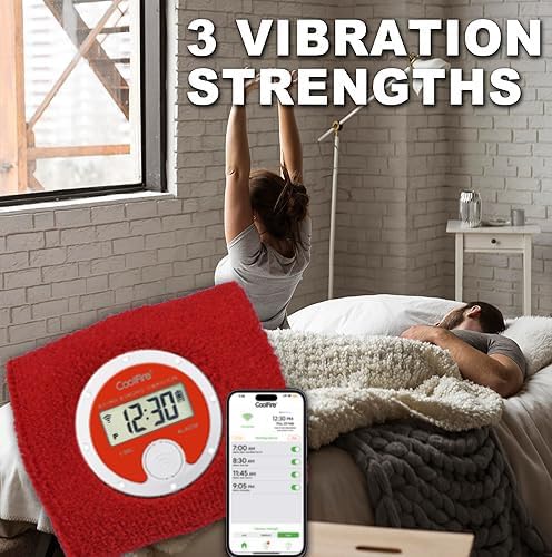 Coolfire Vibrating Alarm Clock Wristband, Silent Wake-Up Watch for Heavy Sleepers, Won’t Disturb Partner, Couples/Roommates, Deaf/Hearing Impaired, 4 Alarms, Bluetooth App, Rechargeable (RED)