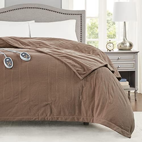Beautyrest Electric Blanket Luxurious Micro Fleece Ultra Soft Ribbed Textured, Cozy and Snuggly Cover for Cold Weather, Fast Heating, Auto Shut Off, 20 Level Heat Setting Controller, King, Brown