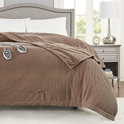 Beautyrest Electric Blanket Luxurious Micro Fleece Ultra Soft Ribbed Textured, Cozy and Snuggly Cover for Cold Weather, Fast Heating, Auto Shut Off, 20 Level Heat Setting Controller, King, Brown