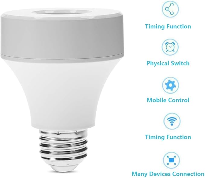 WiFi Control Light Bulb Base Switch - Smart Lamp Holder Adapter for Wireless Control - Compatible with Android & iOS - Schedule On/Off Timer - E26/E27 Socket