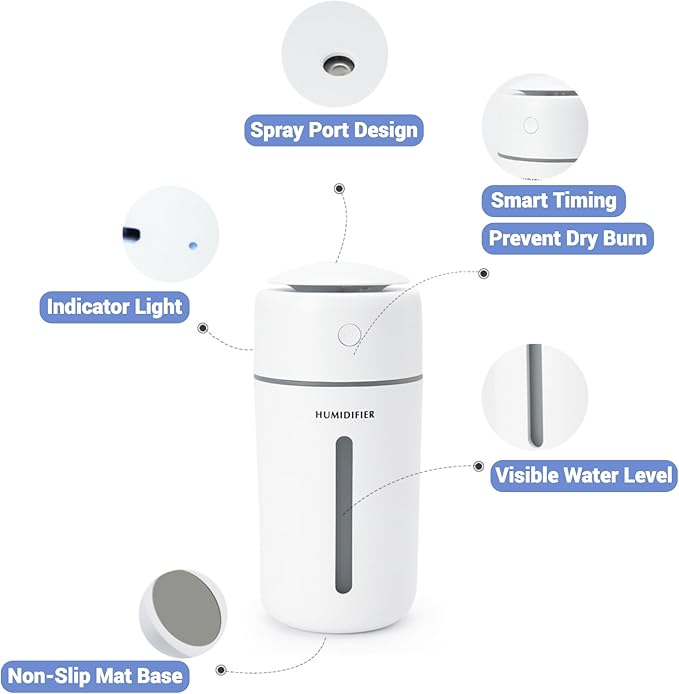 Personal Ultrasonic Cool Mist Humidifier for Car Bedroom Office, Portable Rechargeable Travel Humidifier for Car & Desk, with 7 Color Lights, Battery Powered