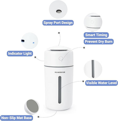 Personal Ultrasonic Cool Mist Humidifier for Car Bedroom Office, Portable Rechargeable Travel Humidifier for Car & Desk, with 7 Color Lights, Battery Powered
