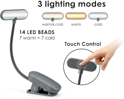 Rechargeable Book Light for Reading in Bed – 14 LED Book Light with 3 Color Temperatures, Stepless Dimming, Up to 80 Hours Runtime, 360° Rotatable Clip – Perfect for Book Lovers, Grey