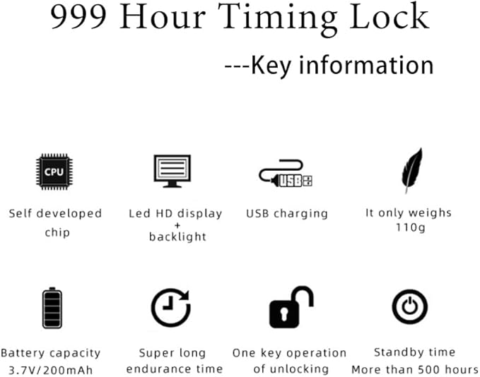 999 Hour Metal Timer Lock, Max Timing Over 1 Month with LCD Display Multi-Function Electronic Time, USB Rechargeable Timer Padlock for Kitchen Cabinets, Phones, Snack, Liquor, Game Consoles (Black)