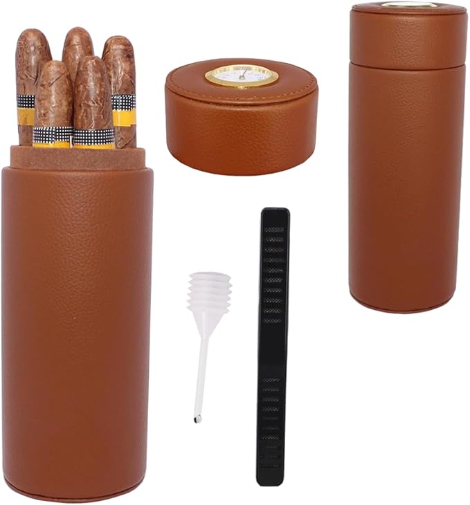 AMANCY Practical Travel 5 Cigar Humidor,Compact Brown Leather Cedar Wood Lined Cigar jar, Portable Cigar Case with Humidifier