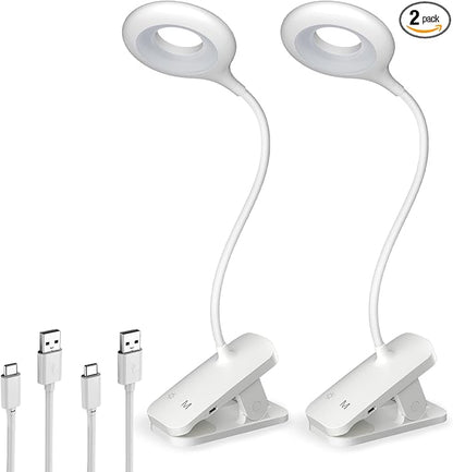 2 Pack Clip on LED Reading Light, 25 Models USB Rechargeable Bed Lights with Large Clamp for Headboard, Eye Protection Cordless Lamp for Bedframe Table Beside Desk Home Office