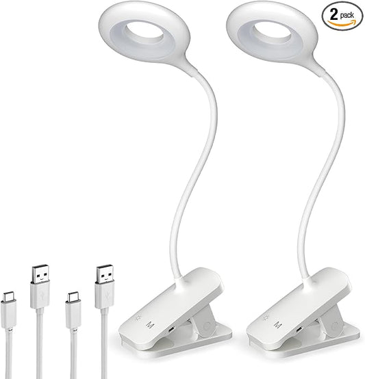 2 Pack Clip on LED Reading Light, 25 Models USB Rechargeable Bed Lights with Large Clamp for Headboard, Eye Protection Cordless Lamp for Bedframe Table Beside Desk Home Office