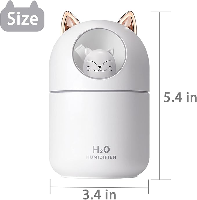 Small Humidifier Cute Portable Cool Mist Humidifier 300ML 7 Color Night Light USB Air Humidifier for Bedroom Office Desk Car Plants Travel (White)