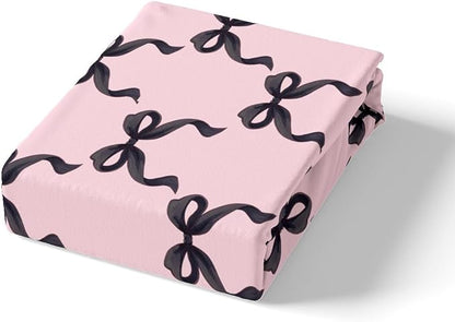 Manfei Black Bowknot Bedding Set Twin Size Princess Style Bow-tie Pink Black Bed Set for Teens Kids Sheet Dreamy Fairy Tale Bow Crossed Patchwork Bed Cover(1 Fitted Sheet+1 Pillow Case)
