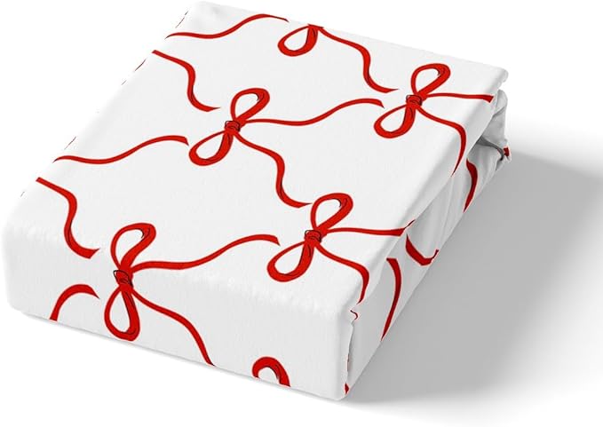 Red Bowknots Fitted Sheet Queen Size,Dreamy Bow-tie Ribbon Geometric Soft Bed Cover(1 Fitted Sheet+1 Pillow Case),Princess Fairy Tale Theme Red and White Breathable Mattress Cover
