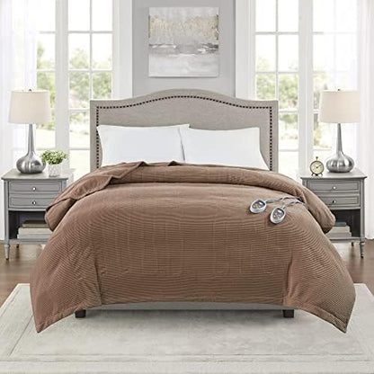 Beautyrest Electric Blanket Luxurious Micro Fleece Ultra Soft Ribbed Textured, Cozy and Snuggly Cover for Cold Weather, Fast Heating, Auto Shut Off, 20 Level Heat Setting Controller, King, Brown