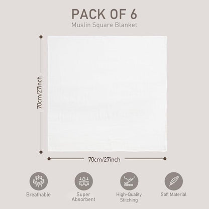 GLLQUEN BABY Receiving Blanket Boy Cotton Muslin Swaddle Blankets Girl Newborn Squares Breathable & Soft Thin Baby Blankets Cloths Double Absorbent Infant Swaddling Wrap - 6 Pack (White)