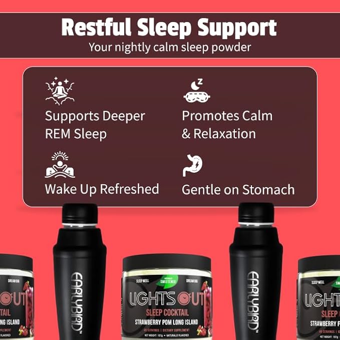 EarlyBird Lights Out Sleep Powder, Strawberry Punch Calm Sleep Drink Mix with PharmaGABA, Magnesium & L-Theanin, Natural Sleep Aid for Adults, Calming Drink Mix for Relaxation & Sleep, 45 Scoops
