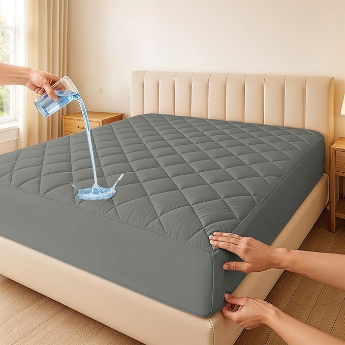 LUX Décor King Mattress Pad - Quilted Elastic Fitted Mattress Cover Protector Upto 16 Inches Deep Pocket - Soft Breathable Noiseless Mattress Topper (Grey “78 X 80”)