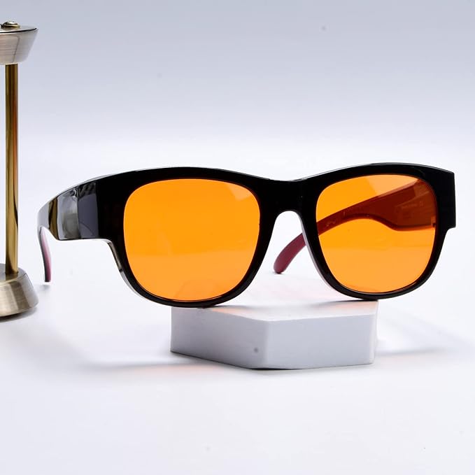 BLUELESS Fits Over Computer Eyeglasses with Orange Tinted Sleep Glasses, Black Red