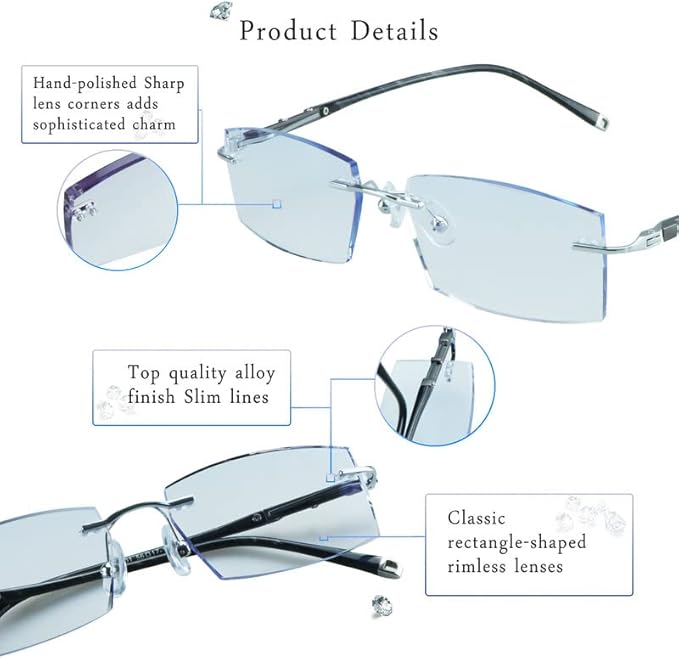 LifeArt Blue Light Blocking Glasses,Computer Reading Glasses,Rimless Frame Tinted Lens with Diamond,Stylish for Men (+3.00 Magnification)
