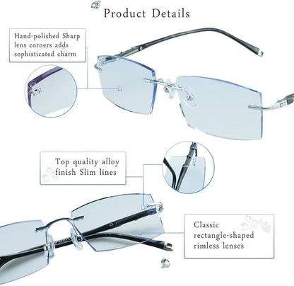 LifeArt Blue Light Blocking Glasses,Computer Reading Glasses,Rimless Frame Tinted Lens with Diamond,Stylish for Men (+2.50 Magnification)