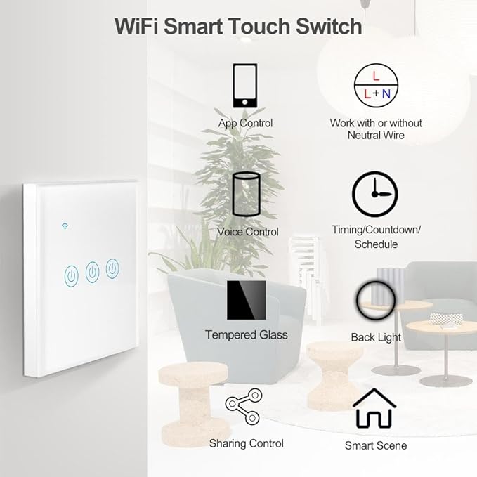 Tuya Smart WiFi Touch Light Switch EU No Neutral Wire Required Compatible with Voice Control White 1 Gang
