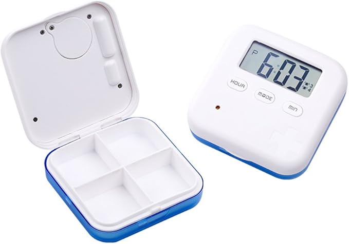 Pill Organizer,Portable Medicine Box Daily Medicine Organizer Box with Alarm Reminders-4 Compartment Medicine Pill Container Case (Blue)