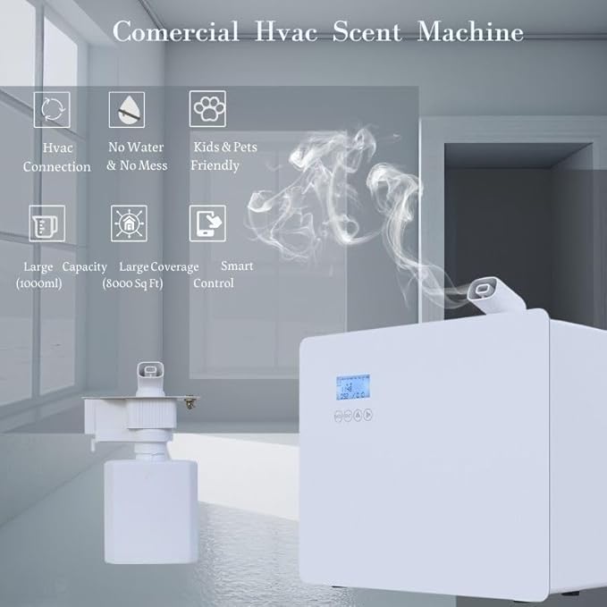 Commercial Scent Diffuser, HVAC Scent Machine for Large Space up to 8,000 Sq.ft, 1000ml Waterless Essential Oil Diffuser with Cold Air Diffusion Tech, Whole House Aroma System, Metal, White